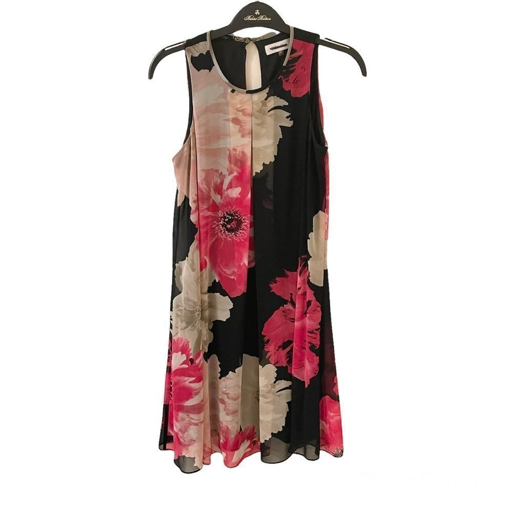 Calvin Klein Chiffon Swing Dress Floral Black Red… - image 1